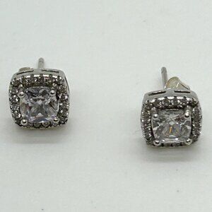 Sterling Silver Square Halo Stud Earrings Princess Cut CZ Cubic Zirconia Bridal